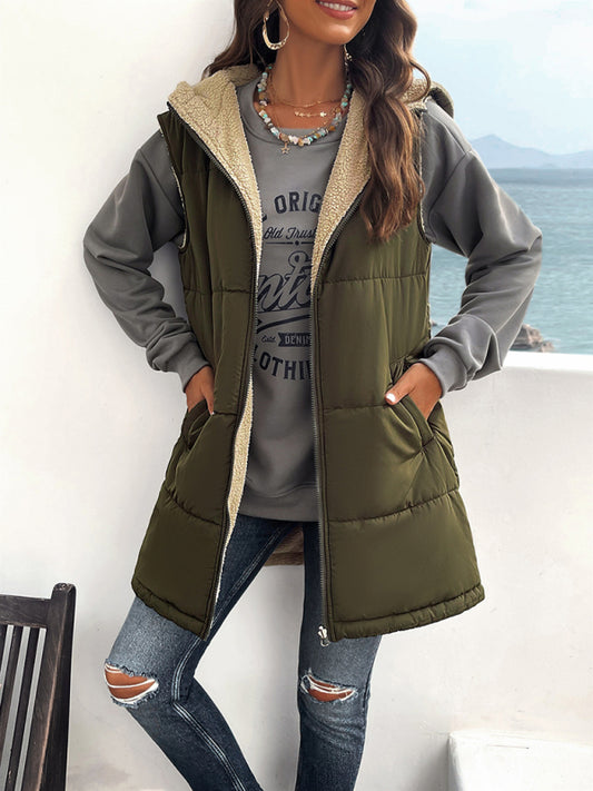 Women's new solid color winter loose commuting mid-length hooded cotton coat