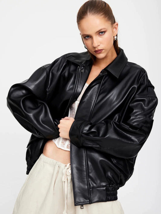 New American retro loose silhouette lapel flight jacket leather jacket