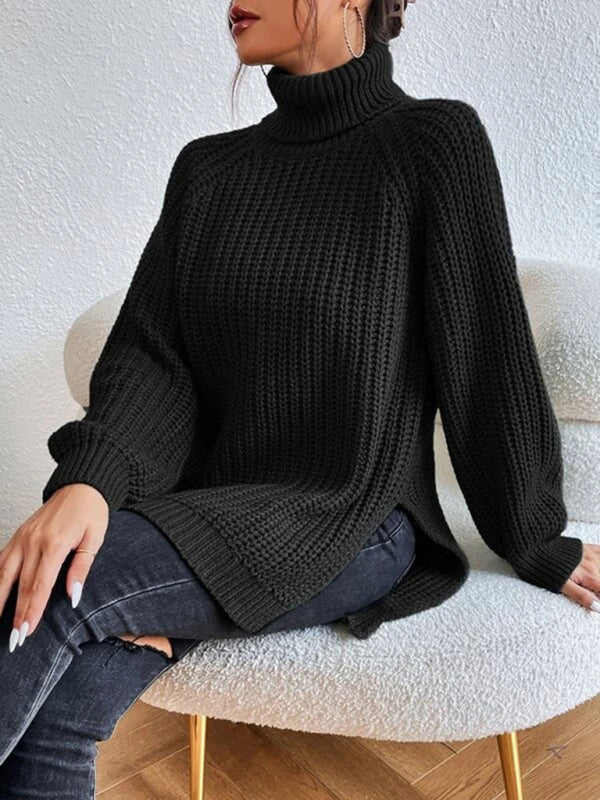 Women's casual pullover turtleneck slit loose sweater