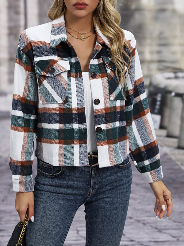 Women's short casual plaid button coat