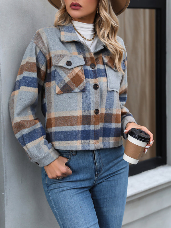 Women's short casual plaid button coat