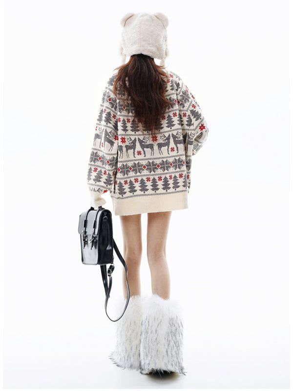 Winter Reindeer Print Knit Christmas Sweater