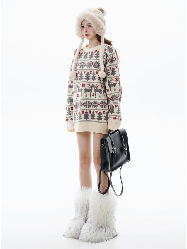 Winter Reindeer Print Knit Christmas Sweater