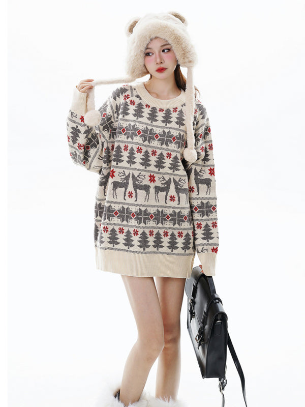 Winter Reindeer Print Knit Christmas Sweater