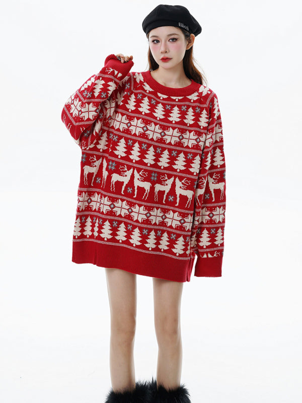 Winter Reindeer Print Knit Christmas Sweater