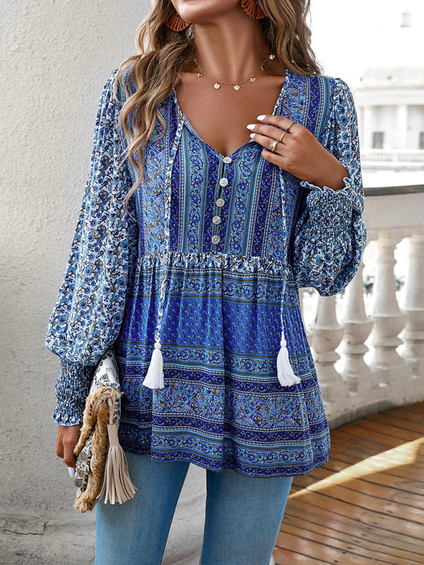 Women's positioning printed button bohemian top