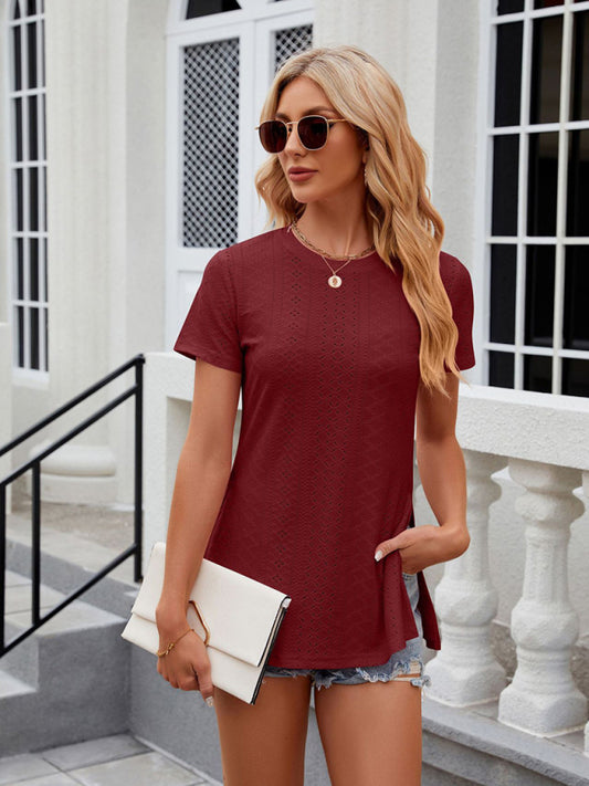 Women's round neck slit short sleeve loose T-shirt top