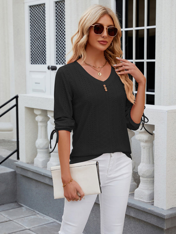 Women's V-neck three-quarter sleeve button drawstring loose T-shirt top