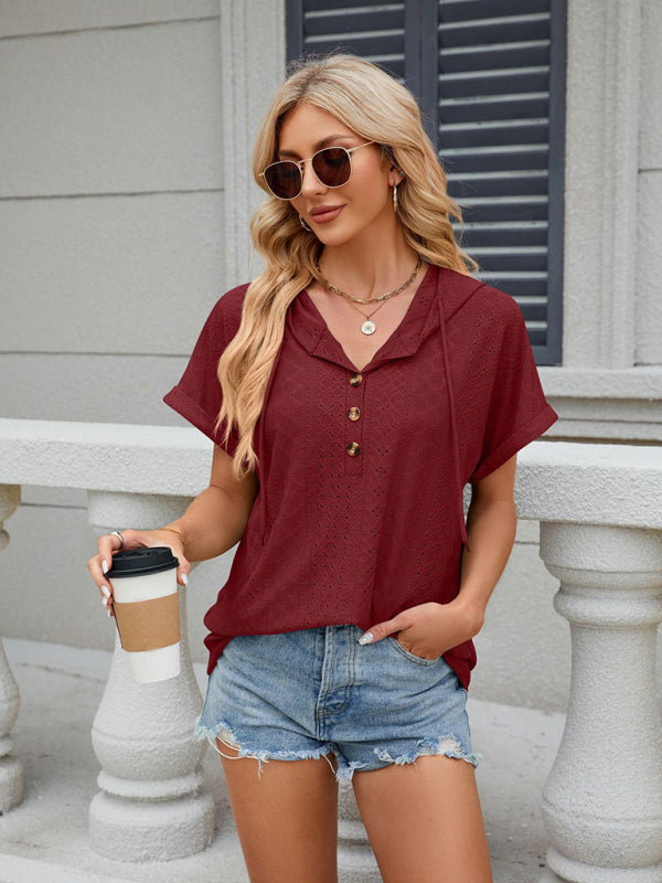 Women's buttoned hooded drawstring short-sleeved T-shirt top