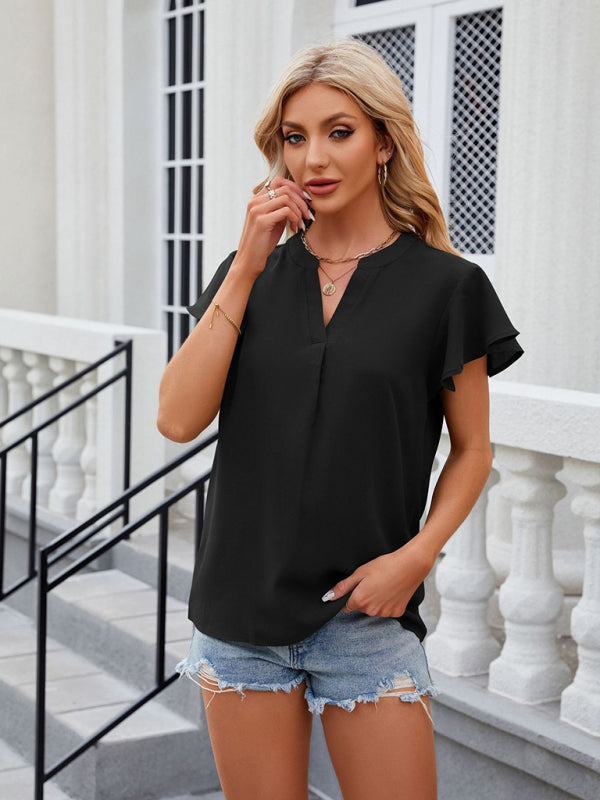 V-neck flying sleeve solid color short-sleeved chiffon loose top