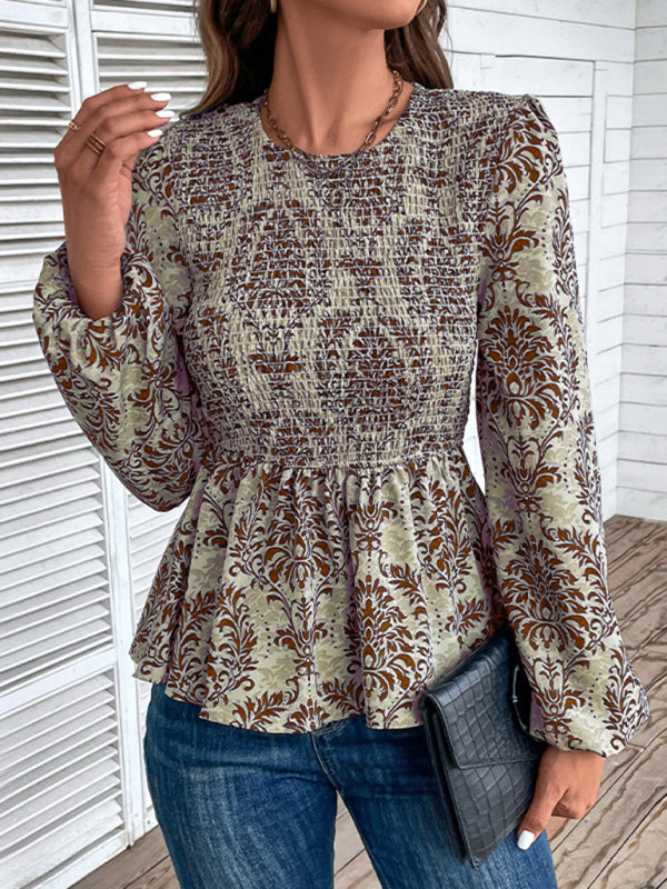 Ladies New Round Neck Elegant Slim Long Sleeve Print