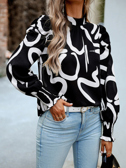 Women's printed turtleneck puff sleeve top blouse