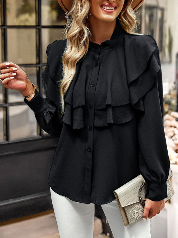 Women's Elegant Ruffled Stand-Collar Button-Down Shirt