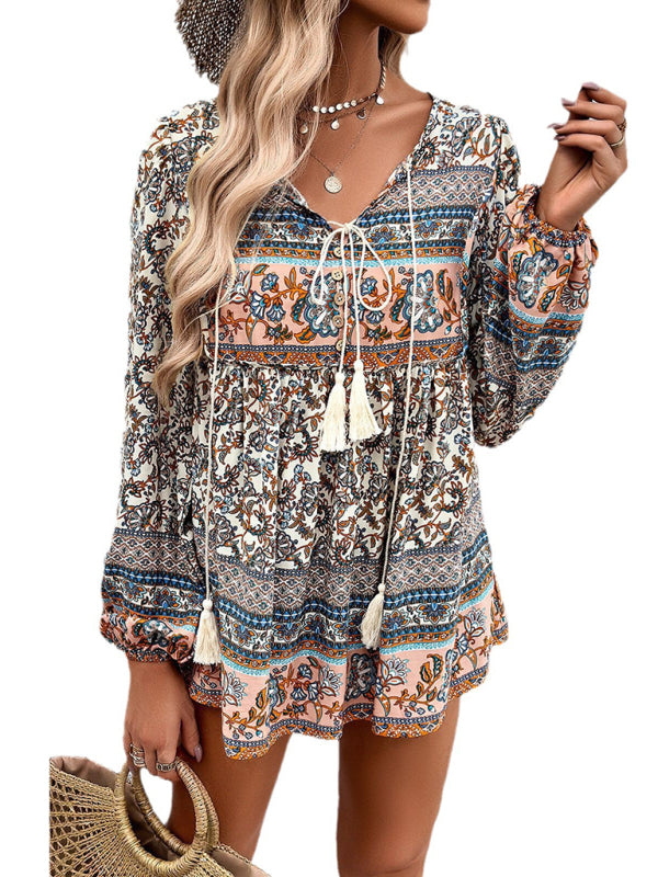 New Women's Casual Bohemian Print Long Sleeve Top