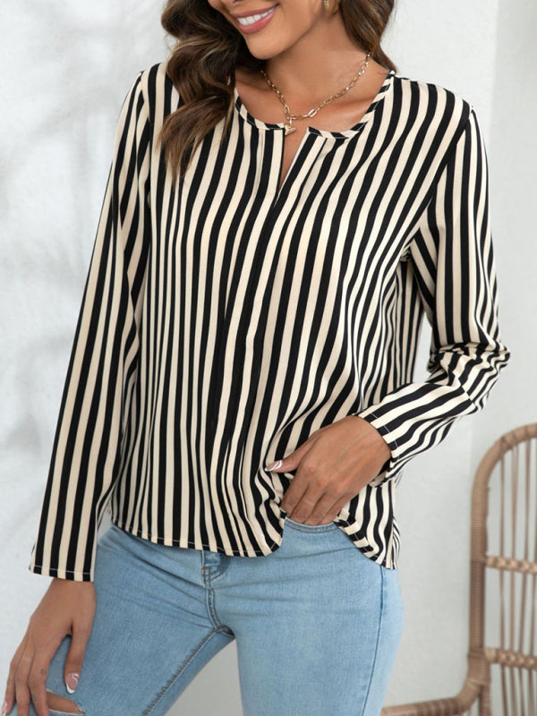 Women's Long Sleeve Round Neck Striped Print Top blouse