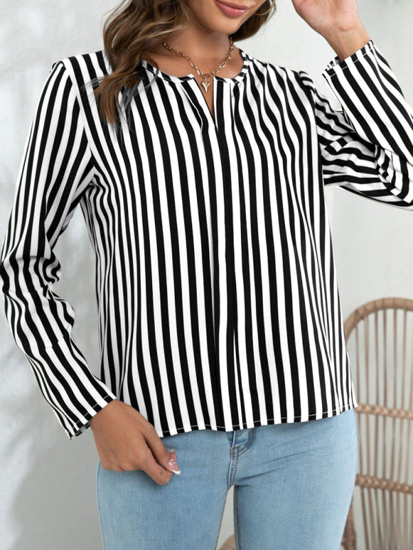 Women's Long Sleeve Round Neck Striped Print Top blouse