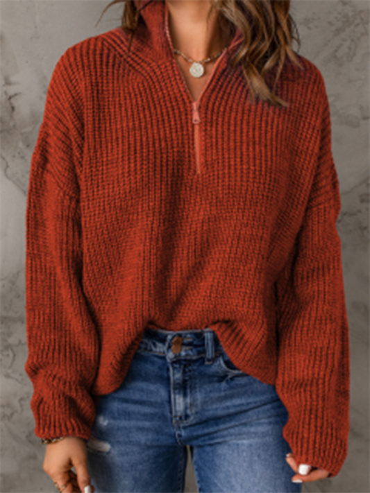 Women's zippered loose turtleneck long sleeve pullover sweater