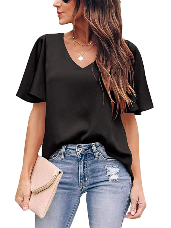 Women's loose V-neck ruffle sleeve casual top