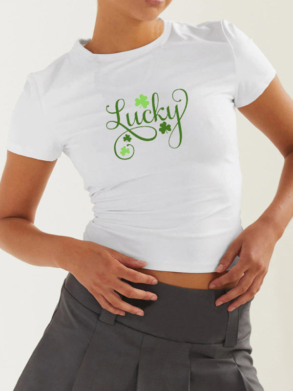 Women's St. Patrick's Day Green Leaf Print Round Neck Short T-Shirt (Multiple Pictures Available)