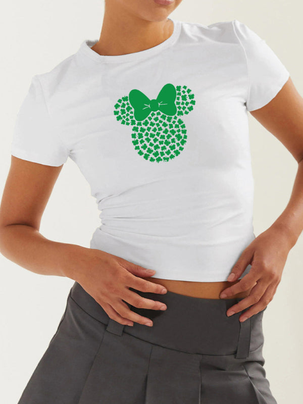 Women's St. Patrick's Day Green Leaf Print Round Neck Short T-Shirt (Multiple Pictures Available)