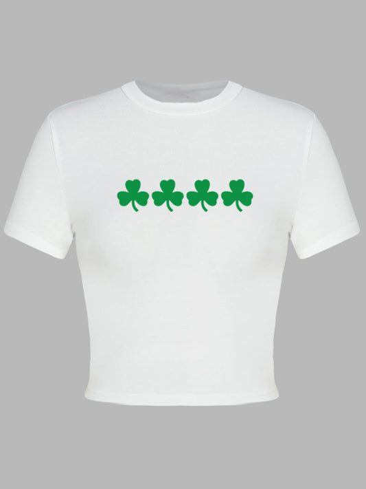 Women's St. Patrick's Day Green Leaf Print Round Neck Short T-Shirt (Multiple Pictures Available)