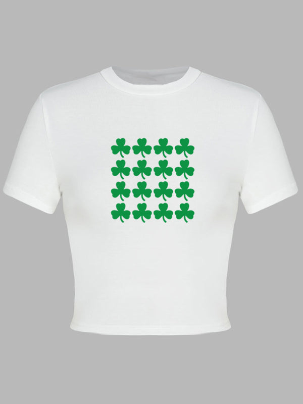 Women's St. Patrick's Day Green Leaf Print Round Neck Short T-Shirt (Multiple Pictures Available)