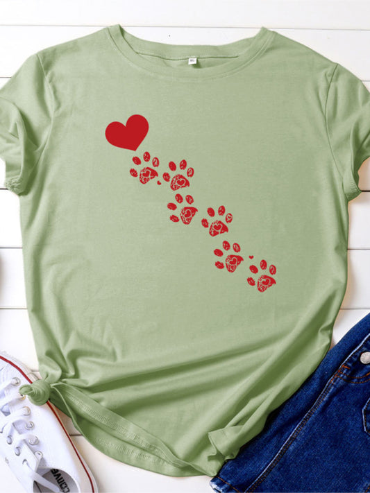 New women's casual love animal footprint casual cotton short-sleeved T-shirt