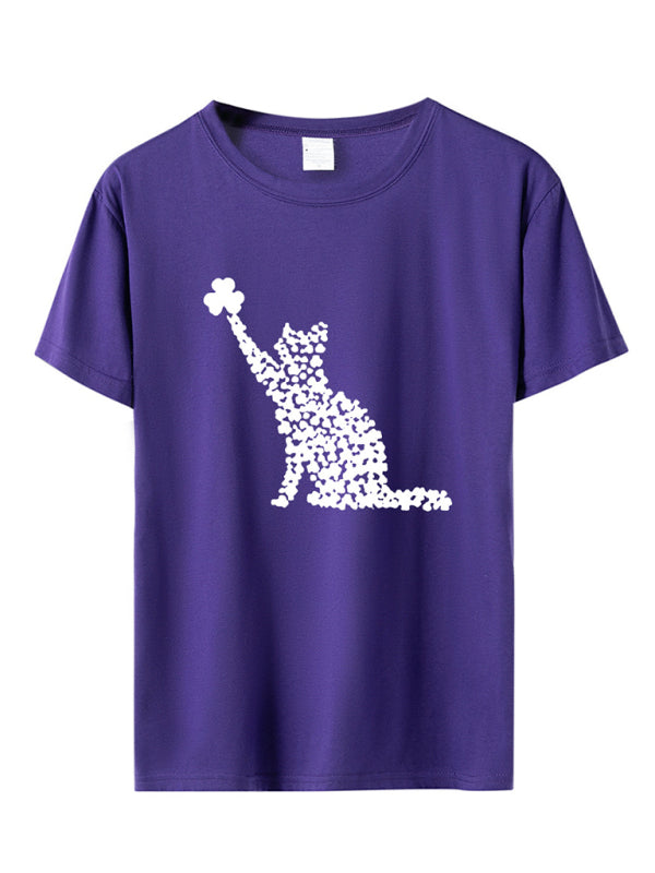 New women's T-shirt cat clover print short-sleeved T-shirt