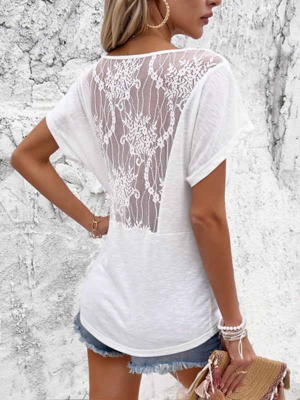 Women's elegant V-neck pleated patchwork short-sleeved T-shirt top