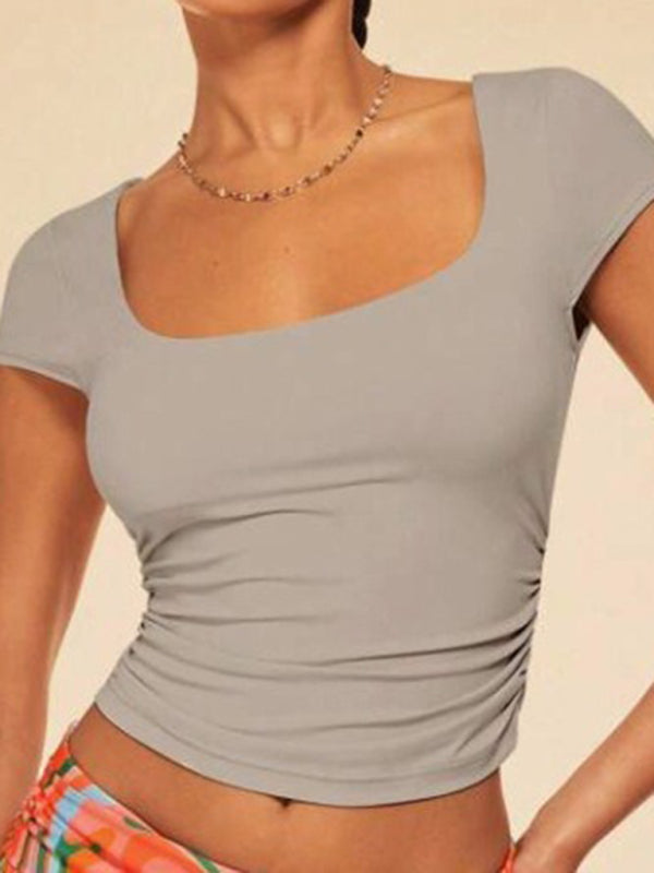 New casual slim solid color short-sleeved square neck T-shirt