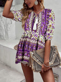 Women's new tassel V-neck printed casual resort style top