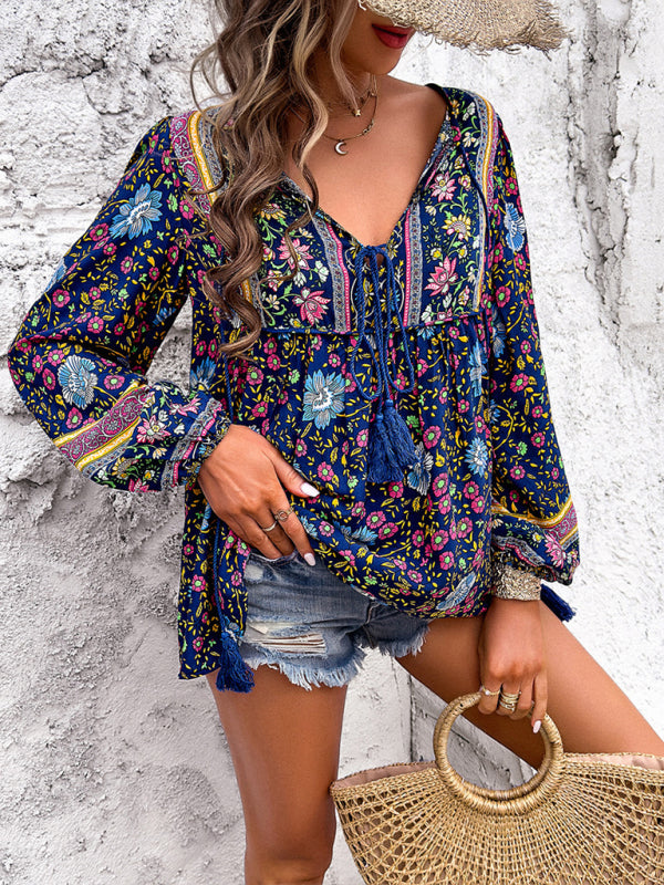 Women's Casual Spring and Summer Vacation Bohemian Print Lace-up Long Sleeve Shirt