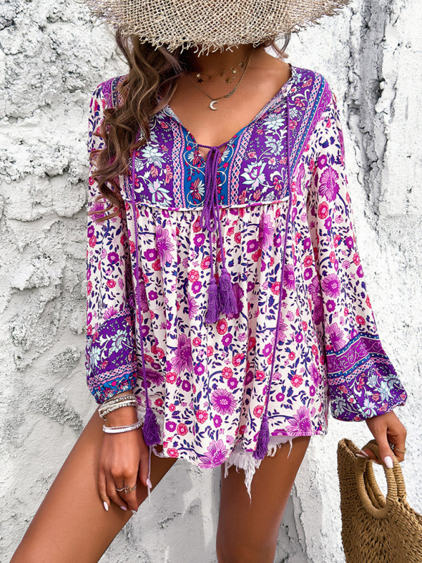 Women's Casual Spring and Summer Vacation Bohemian Print Lace-up Long Sleeve Shirt