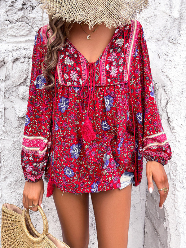 Women's Casual Spring and Summer Vacation Bohemian Print Lace-up Long Sleeve Shirt