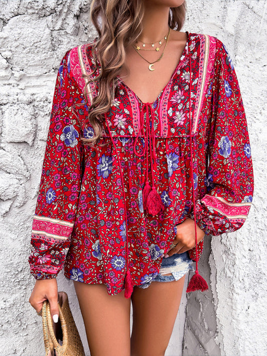 Women's Casual Spring and Summer Vacation Bohemian Print Lace-up Long Sleeve Shirt