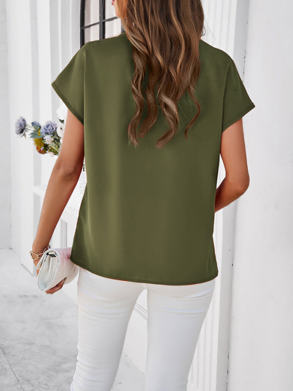 Women's casual solid color V-neck short-sleeved shirt