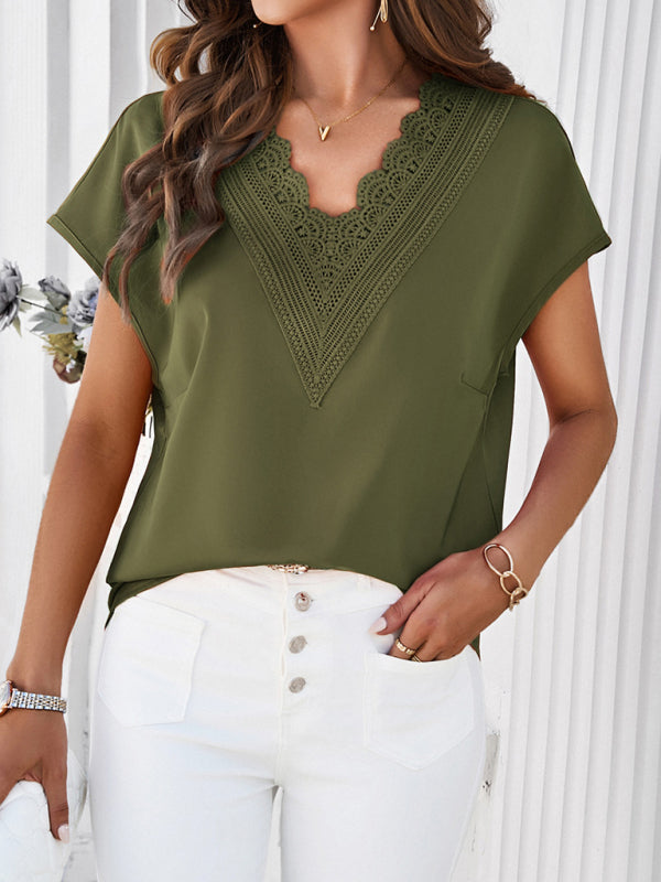 Women's casual solid color V-neck short-sleeved shirt