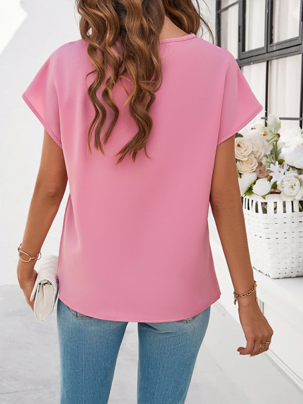 Women's casual solid color V-neck short-sleeved shirt