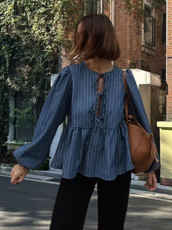 New women's fashionable casual all-match lace-up loose striped top