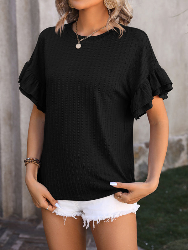 New solid color round neck ruffle sleeve short sleeve T-shirt top