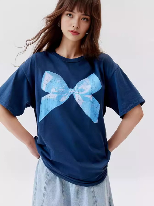 Butterfly T-shirt for women, simple style, round neck and short sleeves