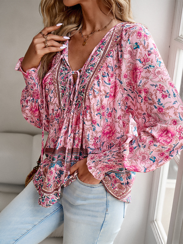 New casual printed v-neck long-sleeved top