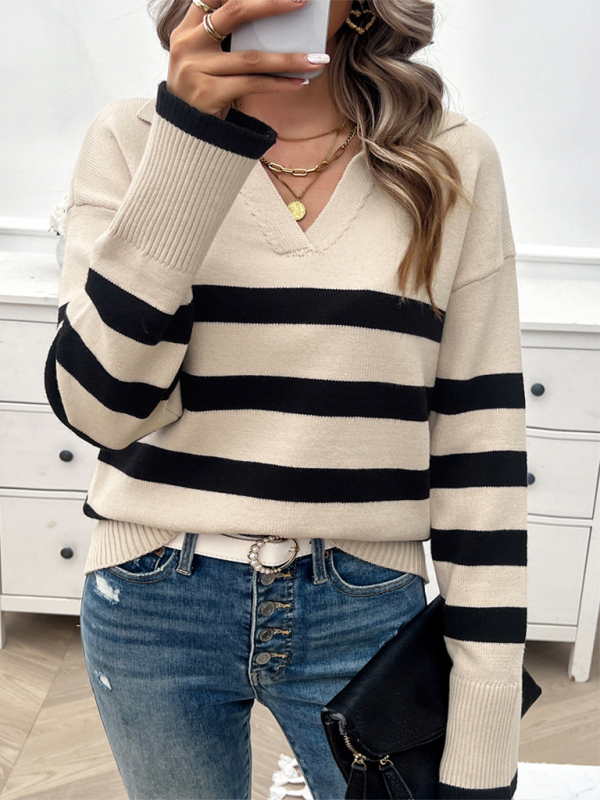 Women's casual loose contrast color lapel sweater top