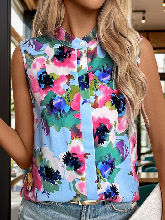 Women's Stand Collar Printed Sleeveless Shirt