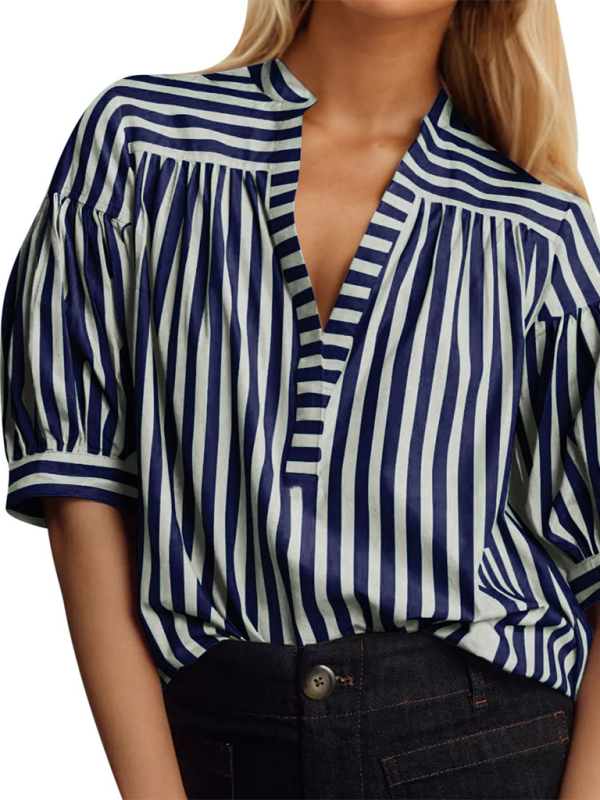 New Women's Shirt Casual Striped V-Neck Top