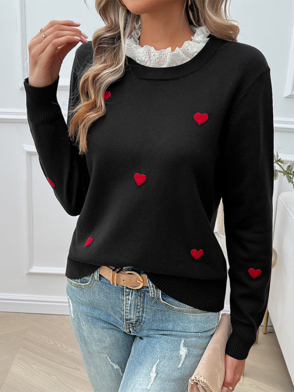 Women's Temperament Casual Embroidered Love Heart Long Sleeve Sweater