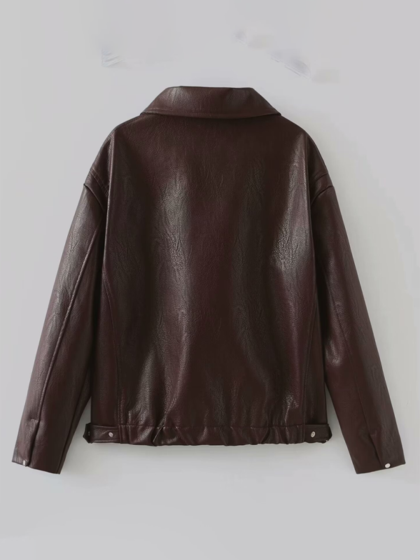 Ladies new casual solid color square collar leather jacket