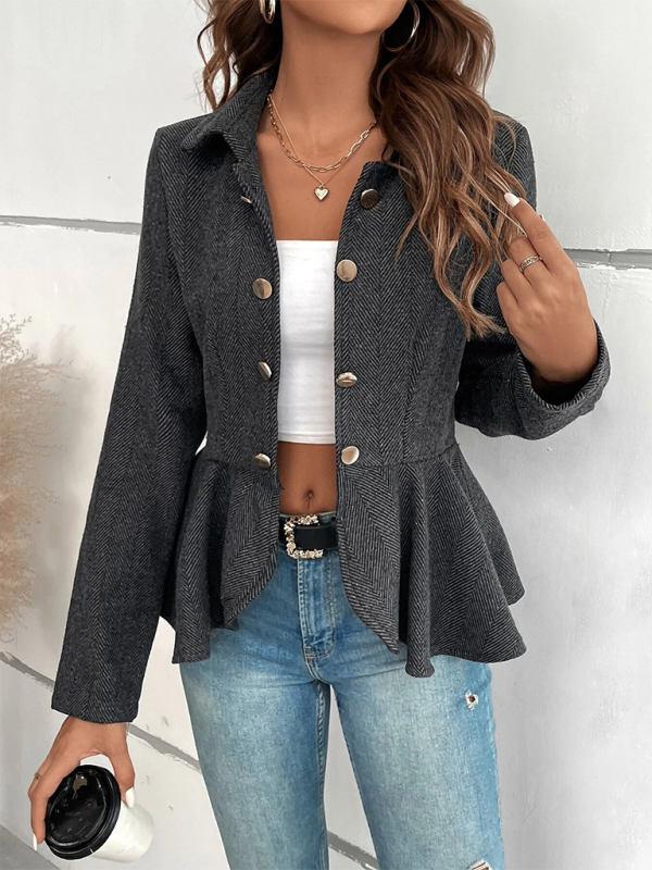 Lapel Jacquard Ruffle Double Breasted Blazer