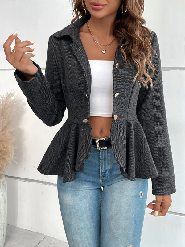 Lapel Jacquard Ruffle Double Breasted Blazer