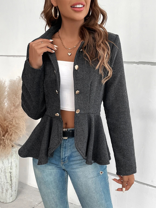 Lapel Jacquard Ruffle Double Breasted Blazer